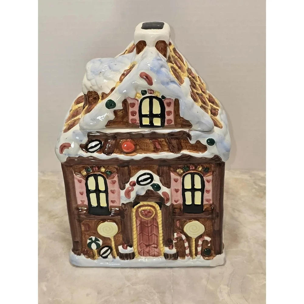 Ceramic Gingerbread House Cookie Jar GUC Christmas Cottage Decor 🎄‎